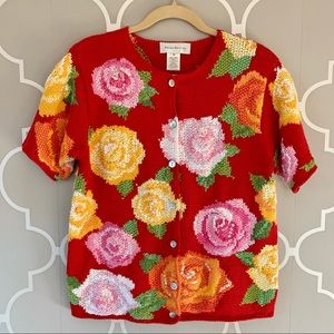 SUSAN BRISTOL Red Floral Cardigan Sweater with Sequins Size Medium